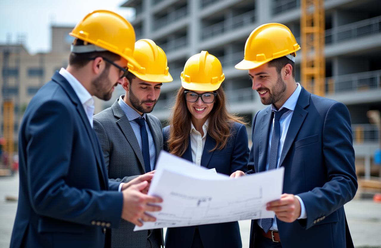 Equipo de ingenieros y arquitectos de TerraCanto Constructores revisando planos en una obra.