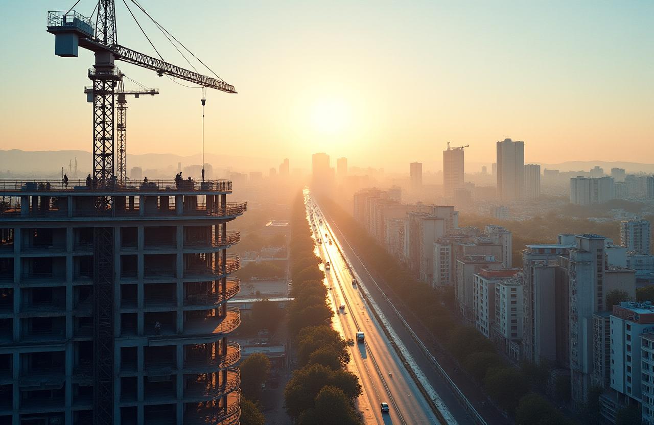 Panorama urbano de Madrid con un proyecto de construcción moderno en primer plano.